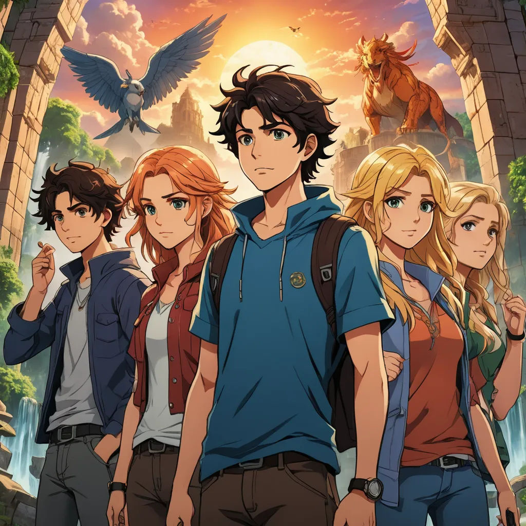 a group of young people standing in front of a waterfall with a bird flying above them and a sunset behind them, sots art, poster art, Cedric Seaut (Keos Masons), key art
