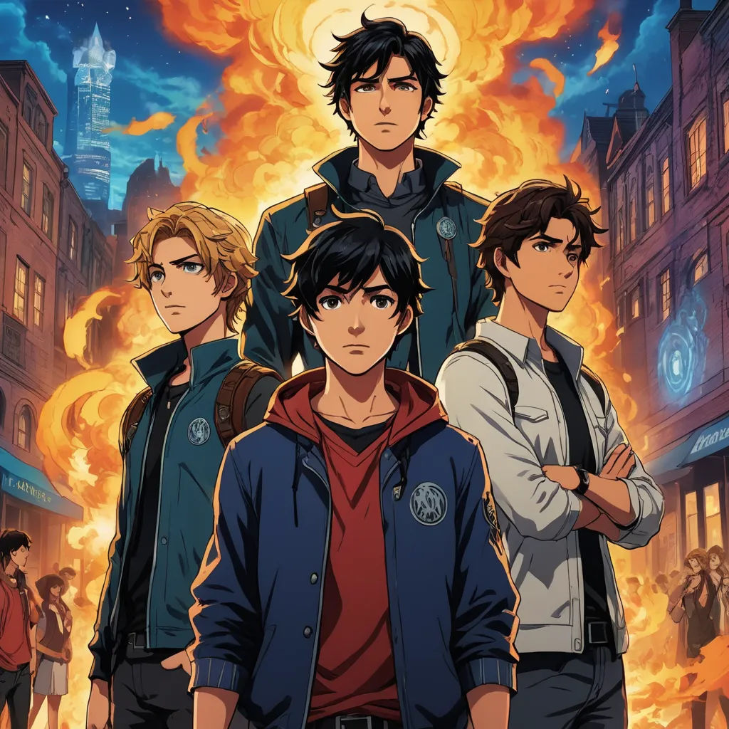 a group of young men standing in front of a fire filled city street with flames in the background and a sky full of clouds, rayonism, a poster, Cedric Seaut (Keos Masons), official art