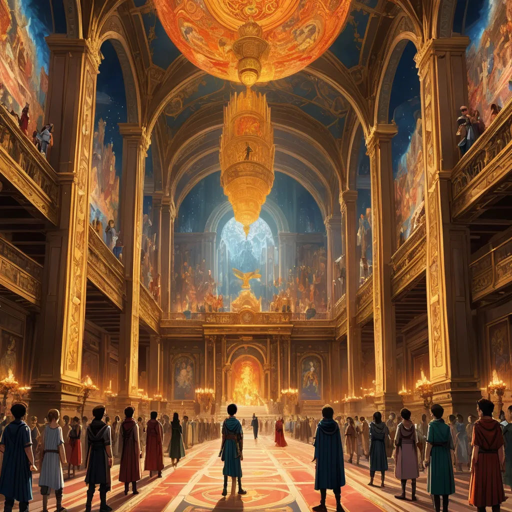 a large room with a lot of people standing around it and a ceiling with a painting of a golden dome, fantasy art, a detailed matte painting, Andreas Rocha, cushart krenz
