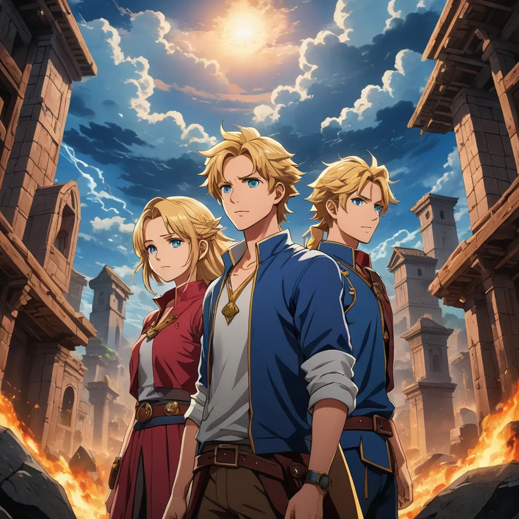 a couple of people standing in front of a sky with clouds and a sun in the background with a sky background, sots art, poster art, Ada Gladys Killins, anime key visual
