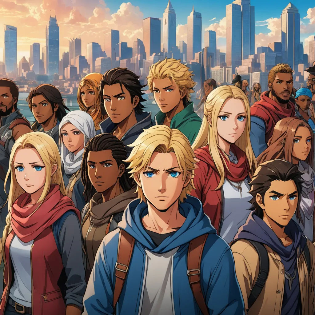 a group of people standing in front of a city skyline with skyscrapers in the background and a sky line, sots art, poster art, Cedric Seaut (Keos Masons), official art