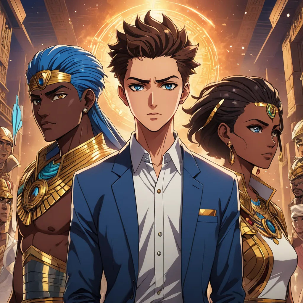 a group of people standing in front of a city with egyptian symbols on their heads and shoulders, all wearing gold jewelry, serial art, egyptian art, Cedric Seaut (Keos Masons), rossdraws global illumination