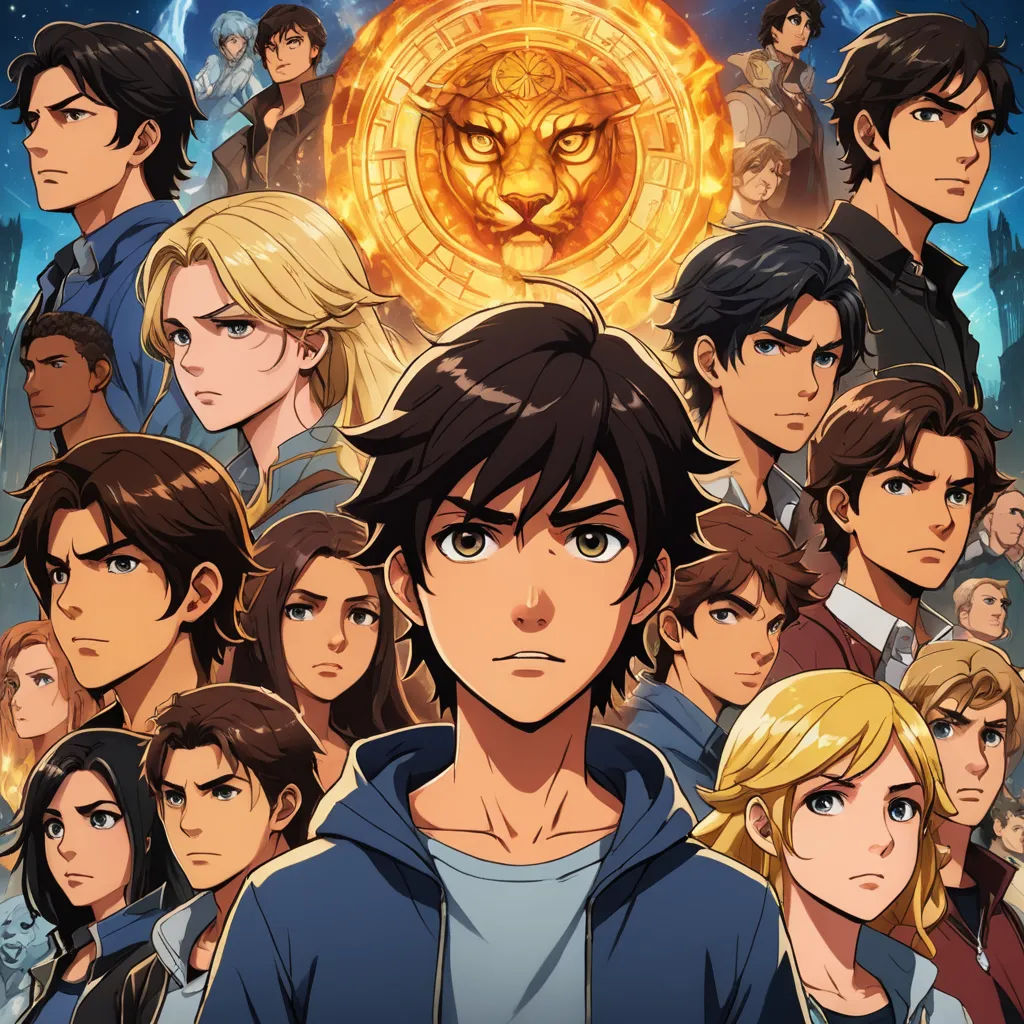 a poster of a man surrounded by other people and a lion in the background of the poster is a circle of golden rings, rayonism, a poster, Cedric Seaut (Keos Masons), official art