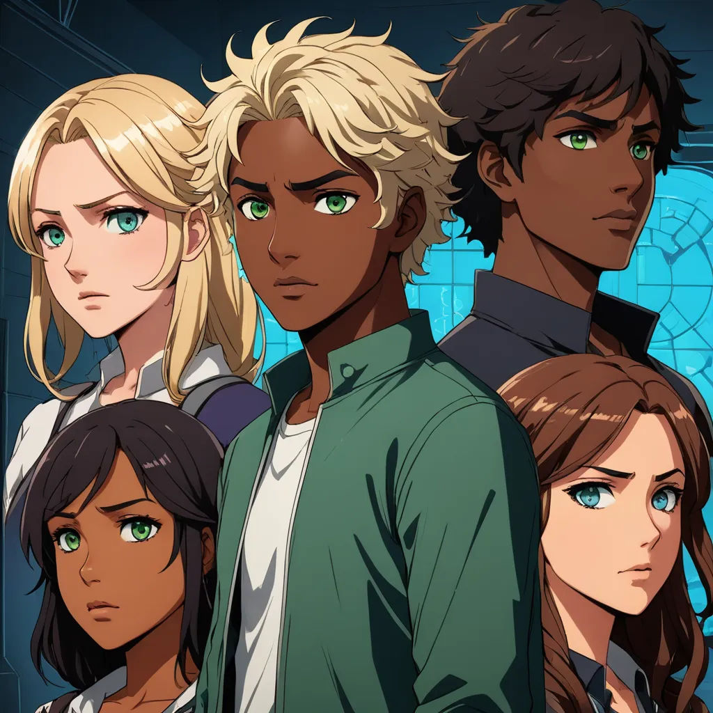 a group of people standing next to each other in front of a blue background with a clock on it, sots art, a character portrait, Cedric Seaut (Keos Masons), key art