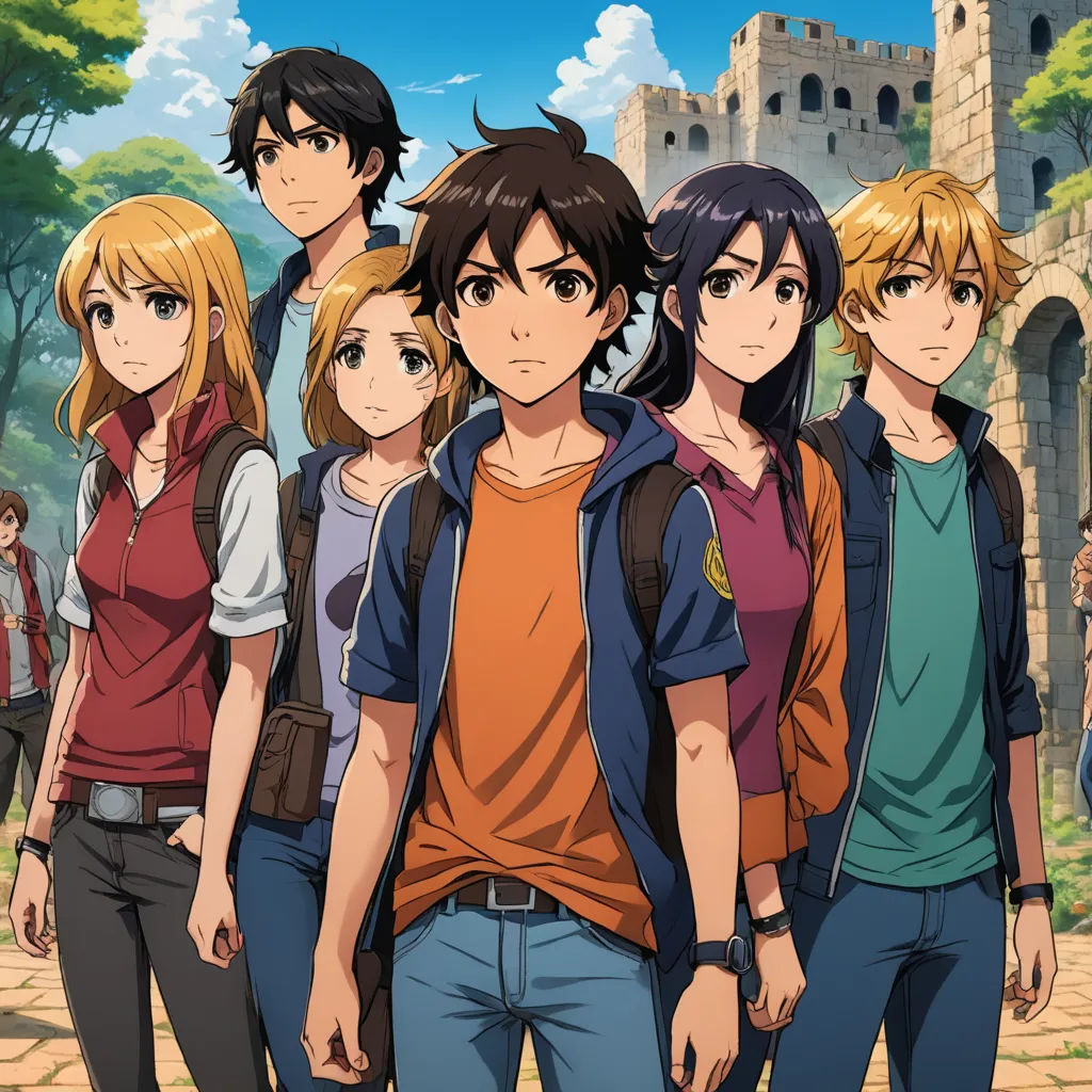 a group of young people standing next to each other in front of a castle with a castle in the background, serial art, poster art, Cedric Seaut (Keos Masons), official art