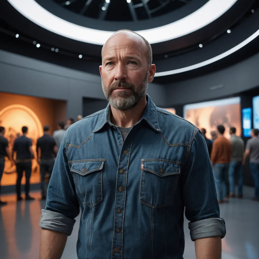 a man with a beard and a blue shirt in a room with people in it and a circular ceiling, arbeitsrat für kunst, a character portrait, Dirk Helmbreker, promotional image
