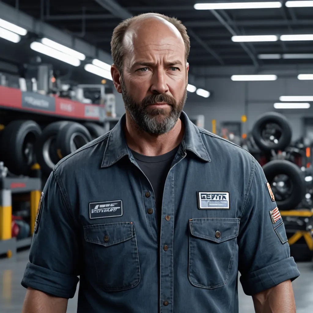 a man in a blue shirt standing in a garage with tires on the wall behind him and a man in a black shirt behind him, american scene painting, a character portrait, Bryan Organ, promotional image