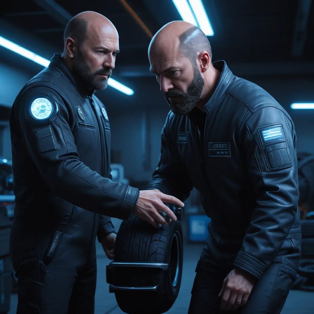 two men in black jackets are looking at a tire in a garage area with a blue light coming from the ceiling, panfuturism, a stock photo, Edi Rama, promotional image