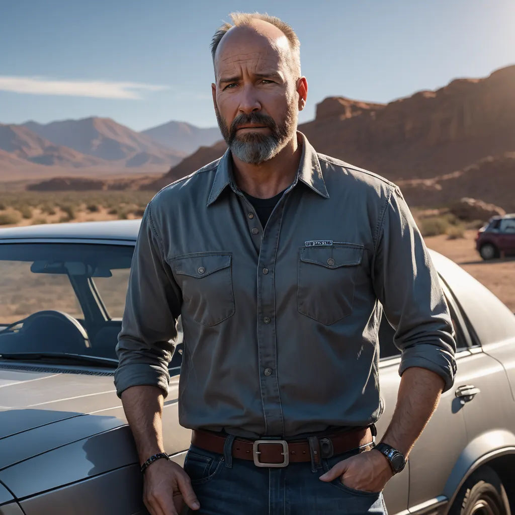 a man standing next to a car in the desert with mountains in the background and a sky background with a sun, american scene painting, a character portrait, Eric Taylor, promotional image