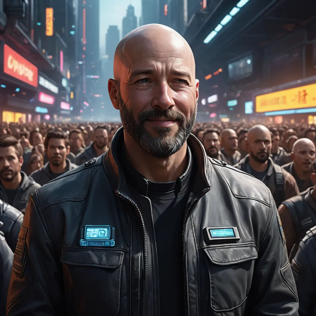 a man with a bald head standing in front of a crowd of people in a city street at night, sots art, a character portrait, Alejandro Burdisio, key art