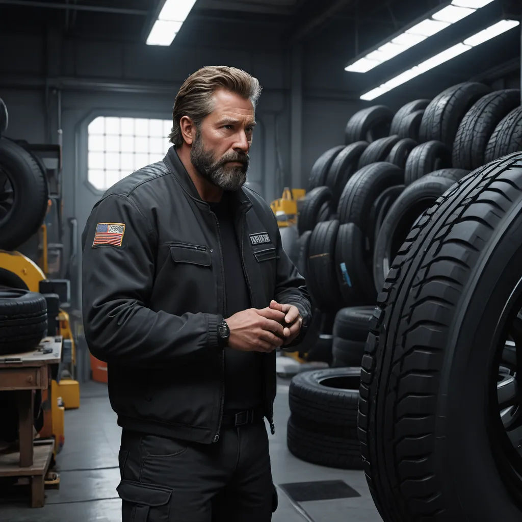 a man in a black jacket standing next to a pile of tires in a garage with a lot of other tires, american realism, a character portrait, Dan Scott, promotional image