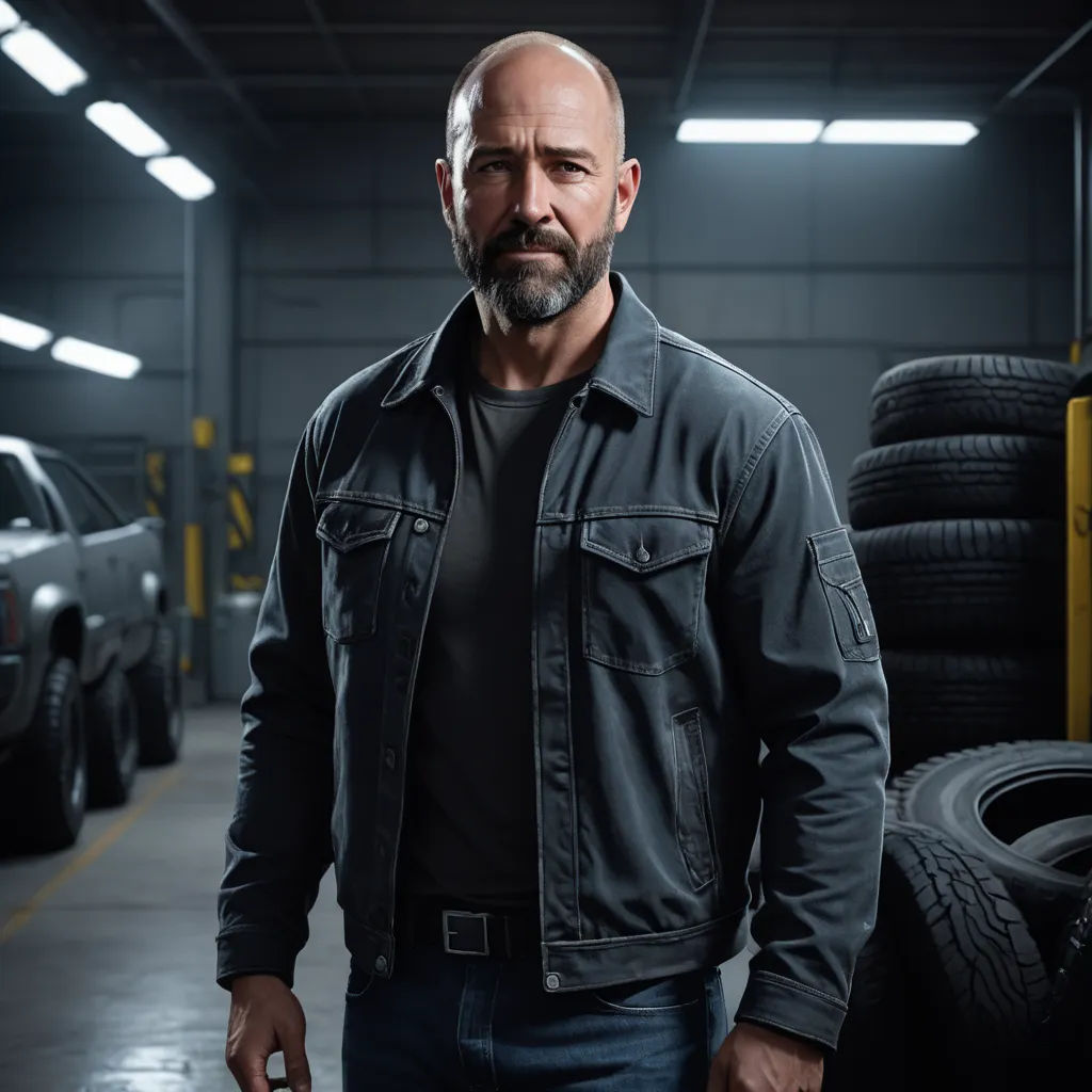 a man standing in a garage next to a truck and tires on the floor of a building with a yellow light, american scene painting, a character portrait, Eric Taylor, promotional image