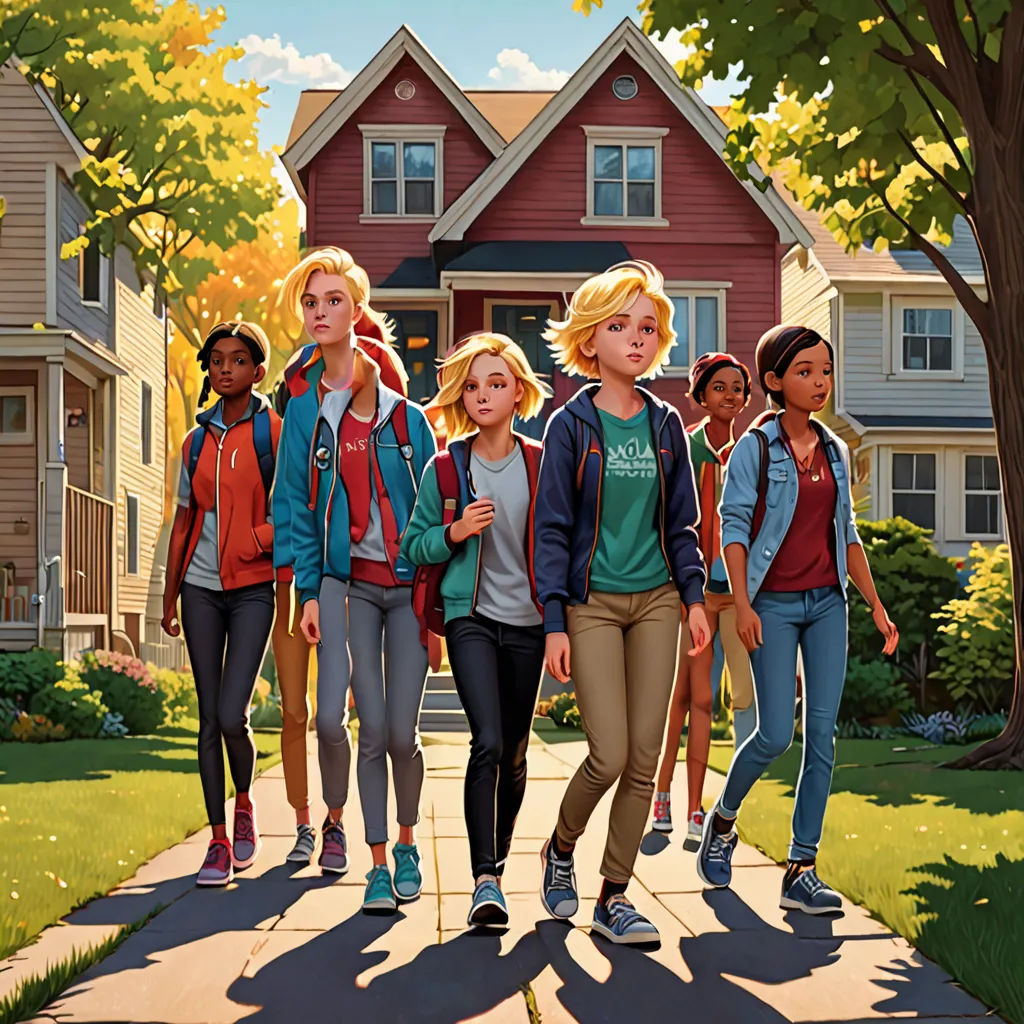 a group of young girls walking down a sidewalk in front of a house with a red door and a red car, american scene painting, poster art, Ada Gladys Killins, key art