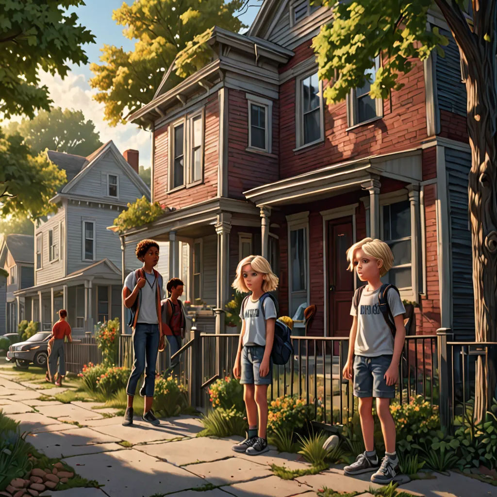 a group of children standing on a sidewalk in front of a house with a dog and a cat on the sidewalk, american scene painting, a storybook illustration, Evgeny Lushpin, official art