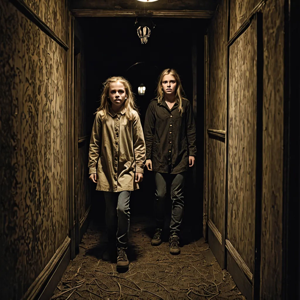 two people standing in a dark hallway with a light on above them and a lamp above them on the wall, antipodeans, a poster, Clarice Beckett, promotional image