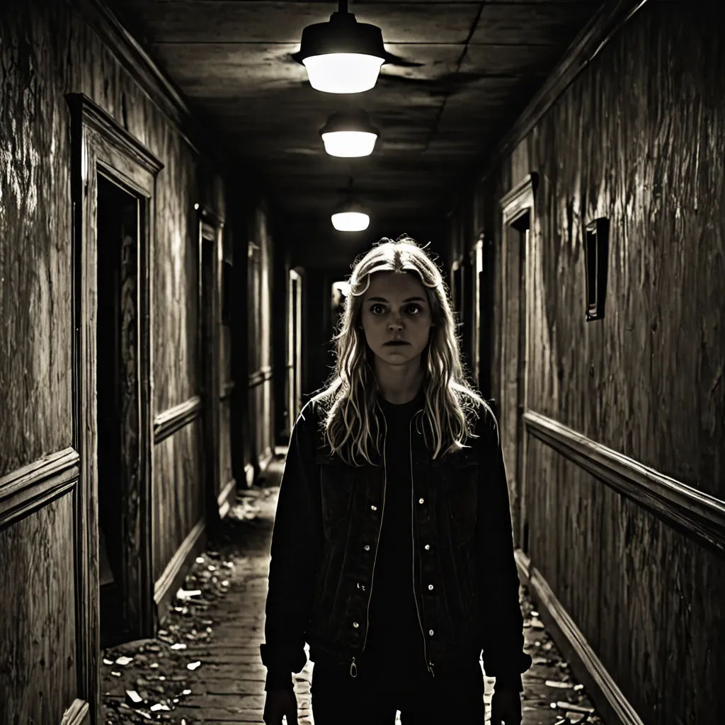 a woman standing in a hallway with a light on above her head and a dark background behind her is a hallway with a light on the ceiling, antipodeans, poster art, Dirk Crabeth, promotional image