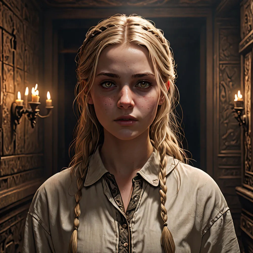 a woman with long blonde hair standing in a room with candles on the wall and a door behind her, photorealism, a character portrait, Artur Tarnowski, trending on artstation hq
