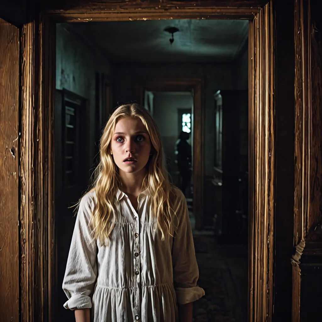 a woman standing in a doorway with a creepy look on her face and hands in her pockets, looking at the camera, international gothic, a poster, Christabel Dennison, promotional image