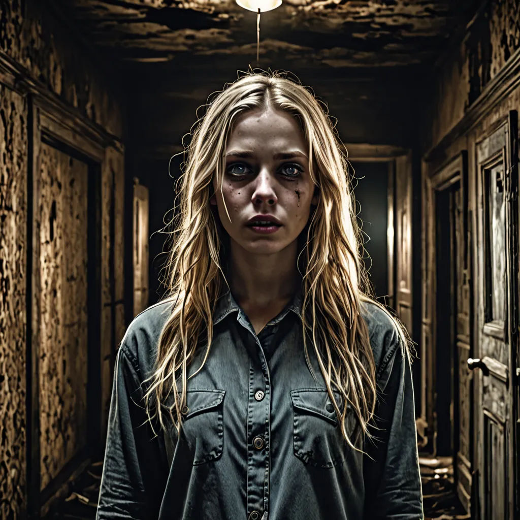 a woman standing in a dark hallway with a creepy look on her face and eyes, with a light above her head, neoplasticism, a character portrait, Dirk Crabeth, promotional image