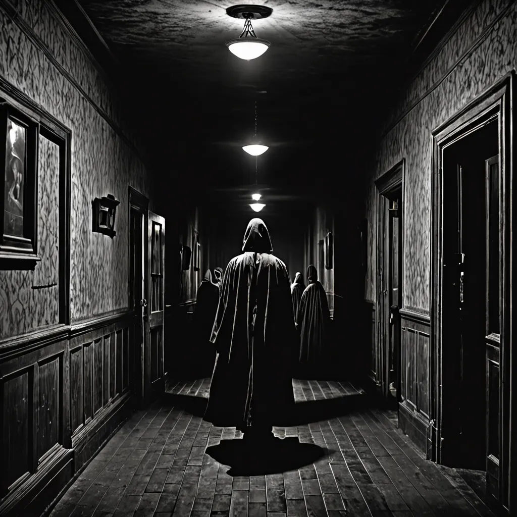 a person in a long robe walking down a hallway in a dark room with two doors and a light on, art photography, poster art, Dirk Crabeth, promotional image