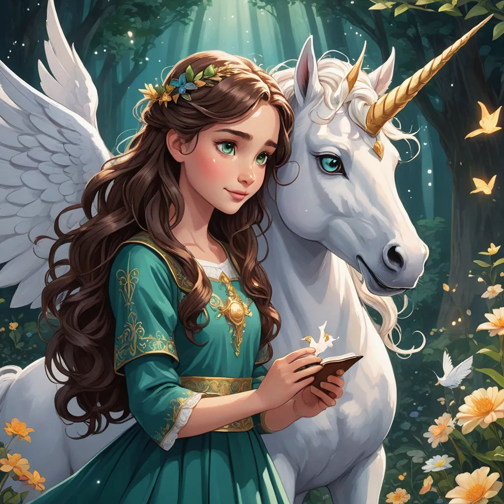 a girl in a green dress standing next to a white unicorn in a forest with flowers and butterflies on her head, fantasy art, a storybook illustration, Anne Stokes, fantasy illustration