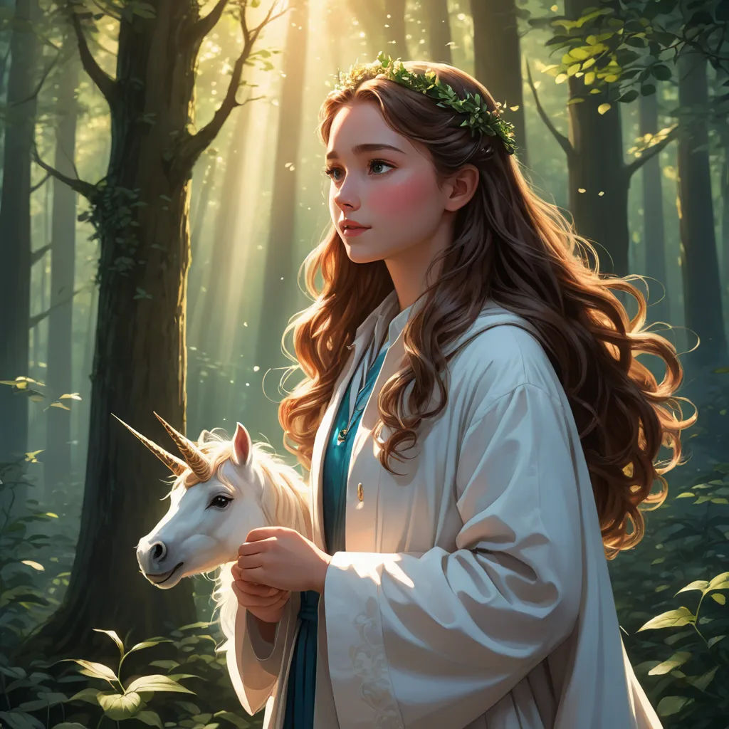 a painting of a girl with a unicorn in a forest with trees and sunlight shining through the trees behind her, fantasy art, a storybook illustration, Christophe Vacher, rossdraws global illumination