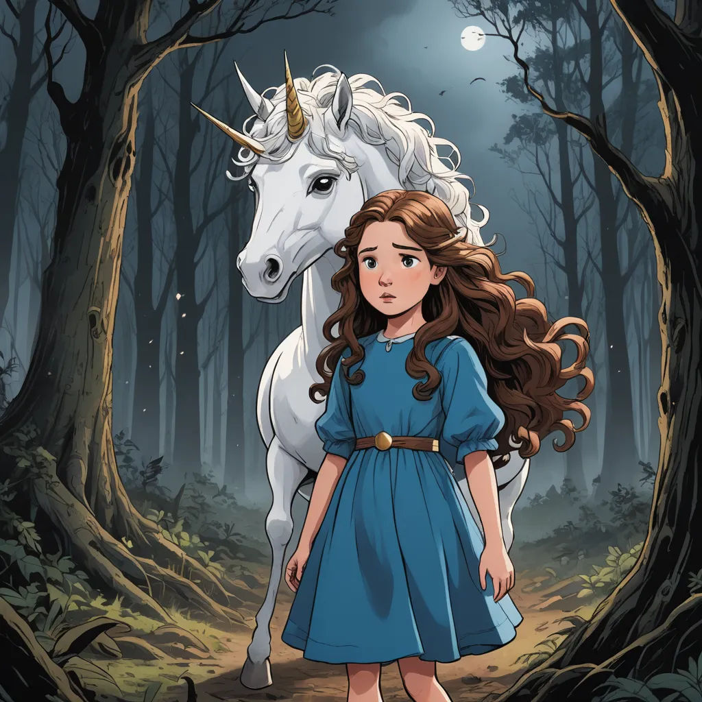 a girl in a blue dress standing next to a white unicorn in a forest at night with a full moon, magical realism, a storybook illustration, Clarice Beckett, comic cover art