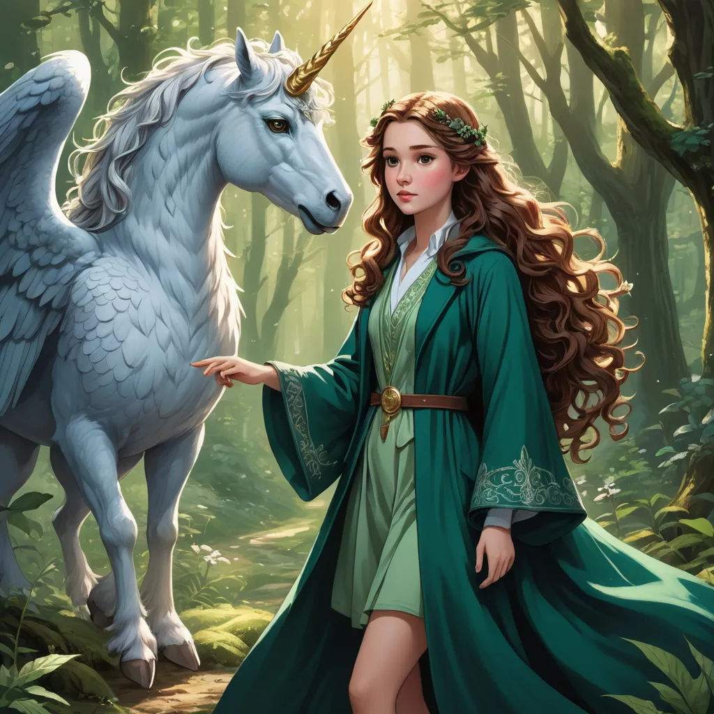 a woman in a green dress standing next to a white unicorn in a forest with trees and grass on either side of her, fantasy art, a storybook illustration, Anne Stokes, fantasy illustration