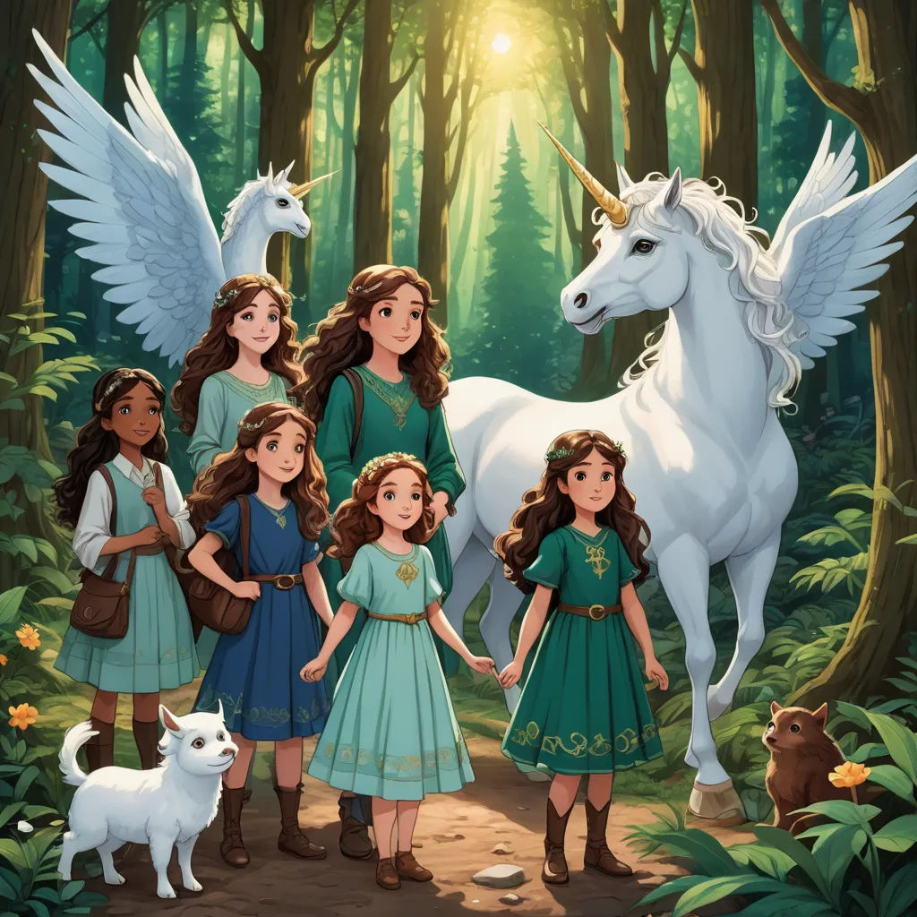 a group of girls standing next to a white unicorn in a forest with a white dog and a white cat, fantasy art, a storybook illustration, Ella Guru, official art