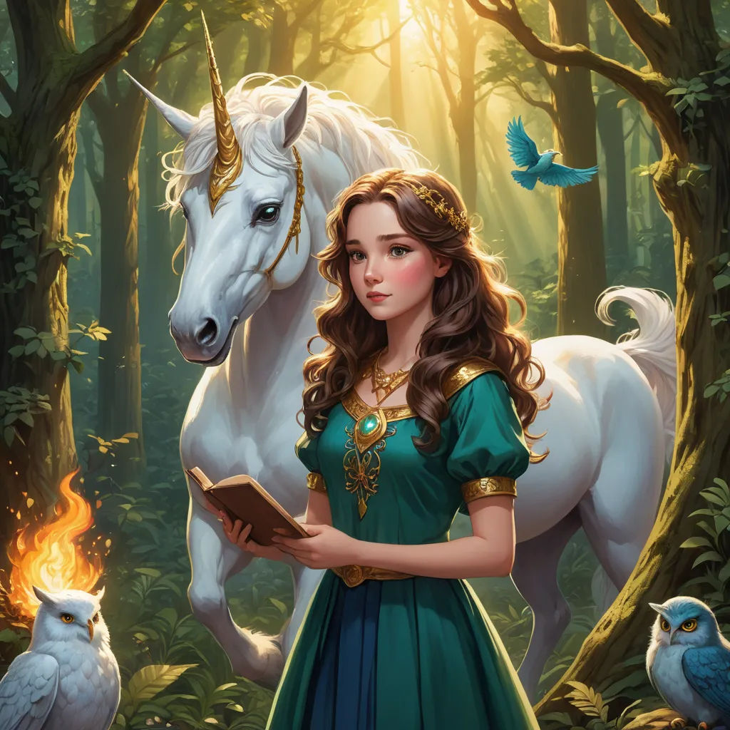 a girl in a green dress standing next to a white horse in a forest with owls and a bird, fantasy art, a storybook illustration, Anne Stokes, fantasy illustration