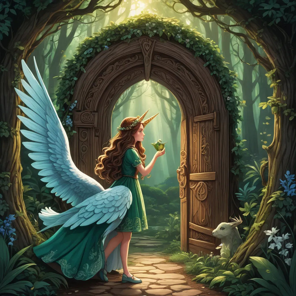 a painting of a girl with a green dress and a white bird in front of a doorway with a door, fantasy art, a storybook illustration, Anne Stokes, rossdraws global illumination