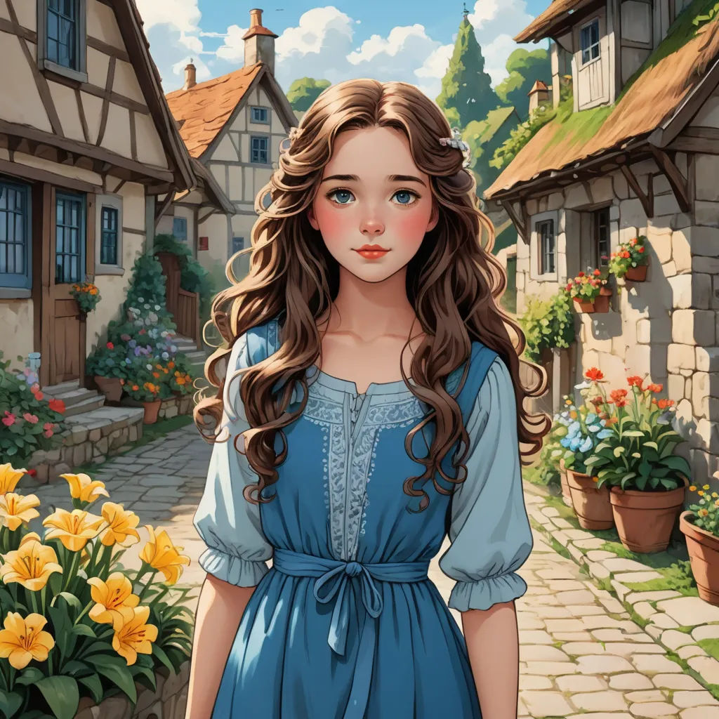 a painting of a girl in a blue dress standing in front of a house with flowers in the yard, fantasy art, a character portrait, Clarice Beckett, kinkade