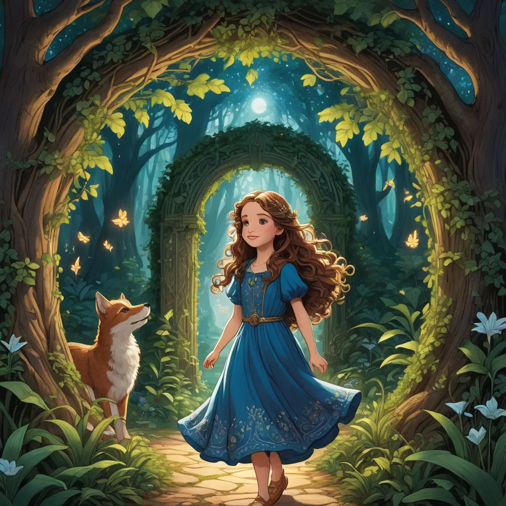 a painting of a girl in a blue dress walking through a forest with a fox in front of her, fantasy art, a storybook illustration, Arthur Hughes, storybook illustration