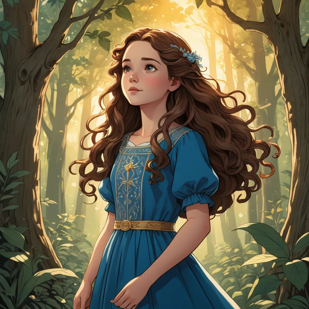 a young girl in a blue dress standing in a forest with trees and leaves on the ground and a sun shining through the trees, fantasy art, a storybook illustration, Arthur Hughes, rossdraws global illumination