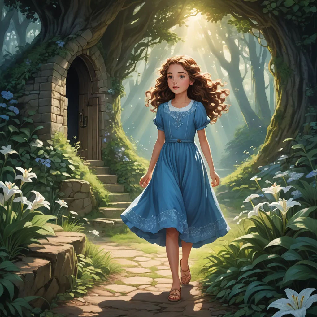 a painting of a girl in a blue dress walking through a forest with flowers and a doorway to a small building, fantasy art, a storybook illustration, Christophe Vacher, rossdraws global illumination