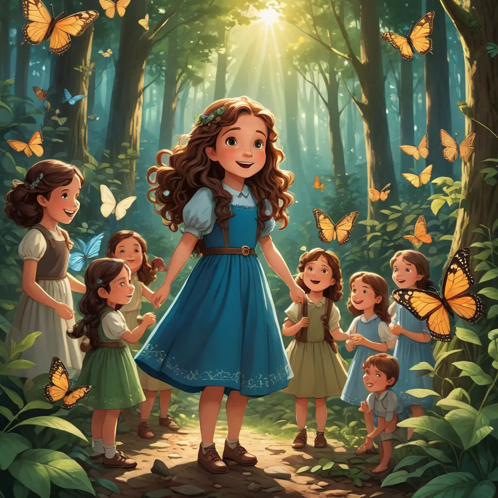 a girl in a blue dress surrounded by butterflies in a forest with butterflies flying around her and a group of children, magical realism, a storybook illustration, Arthur Hughes, official art