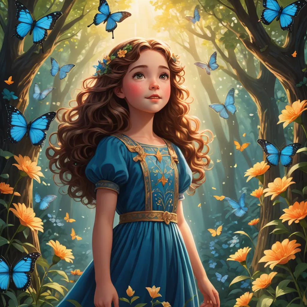 a painting of a girl in a blue dress standing in a forest with butterflies flying around her and a sunbeam, fantasy art, a storybook illustration, Arthur Hughes, highly detailed digital painting
