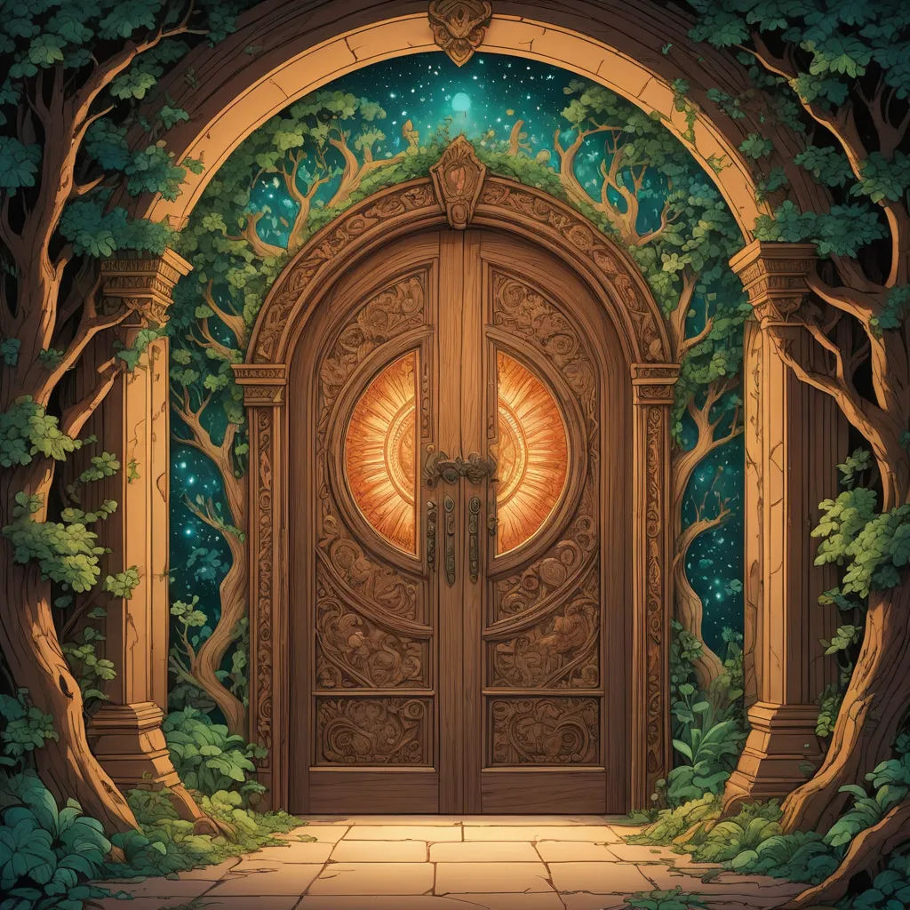 a painting of a doorway with a glowing light coming through it and trees surrounding it and a path leading to it, fantasy art, a storybook illustration, Dan Mumford, rossdraws global illumination