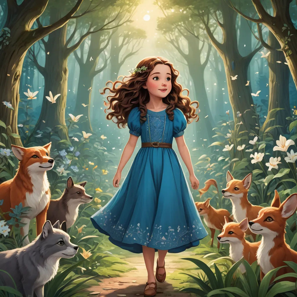 a girl in a blue dress standing in a forest with many animals around her and a sun shining through the trees, magical realism, a storybook illustration, Elinor Proby Adams, storybook illustration