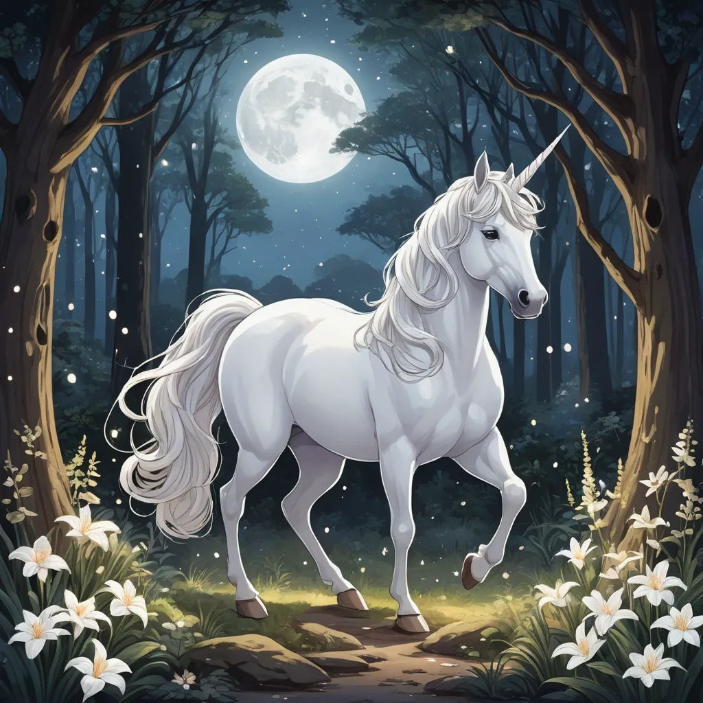 a white unicorn standing in a forest with a full moon behind it and flowers around it, with a path leading to the right, fantasy art, a character portrait, Anne Stokes, rossdraws global illumination