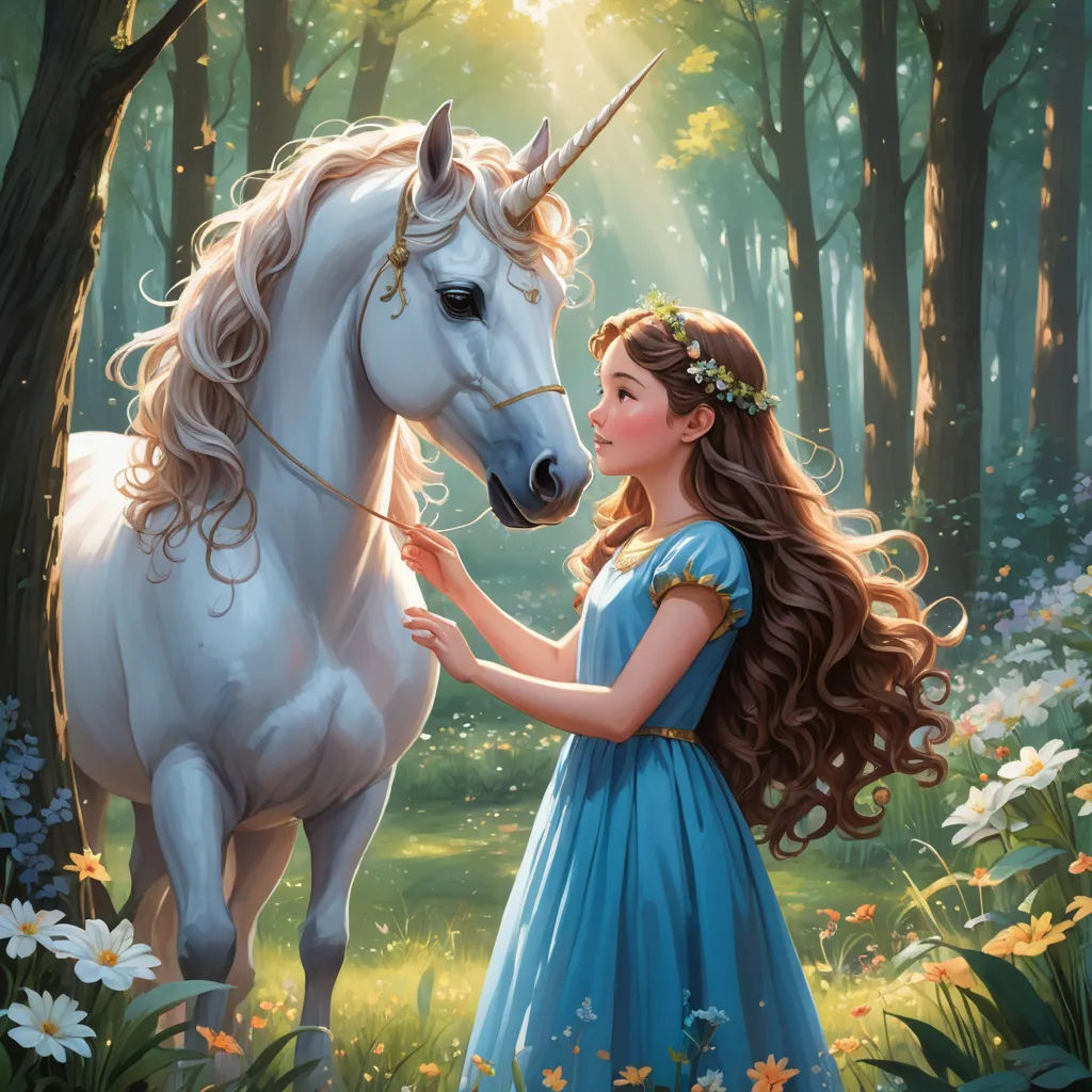 a girl in a blue dress petting a white unicorn in a forest with flowers and trees around her, fantasy art, a storybook illustration, Anne Stokes, rossdraws global illumination