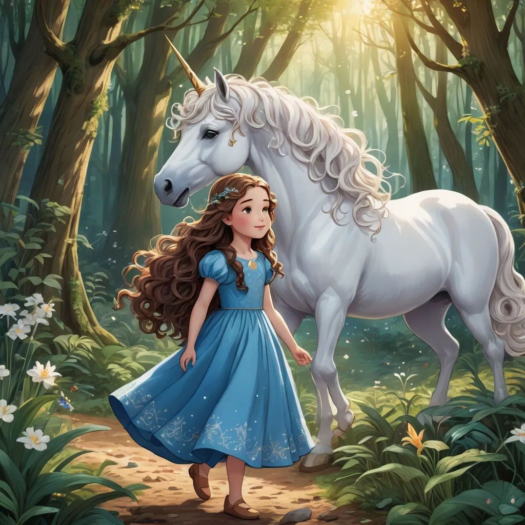 a girl in a blue dress is next to a white unicorn in a forest with flowers and trees on the ground, fantasy art, a storybook illustration, Anne Stokes, storybook illustration