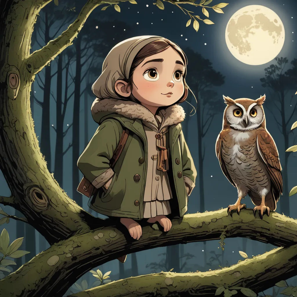 a little girl standing on a tree branch with an owl perched on it's shoulder and a full moon in the background, magical realism, a storybook illustration, Diego Gisbert Llorens, storybook illustration