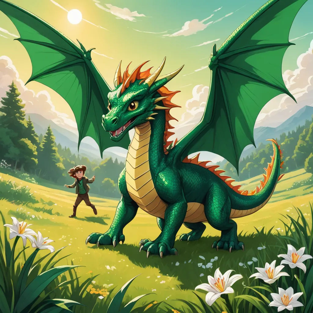 a green dragon standing next to a little boy on a field of flowers and grass with a forest in the background, fantasy art, a storybook illustration, Diego Gisbert Llorens, dragon art