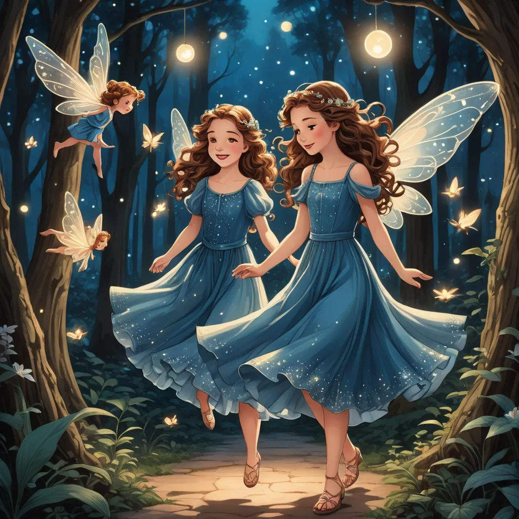 two girls dressed in blue are walking through the woods with fairy lights in their hair and wings on their backs, fantasy art, a storybook illustration, Arthur Hughes, storybook illustration