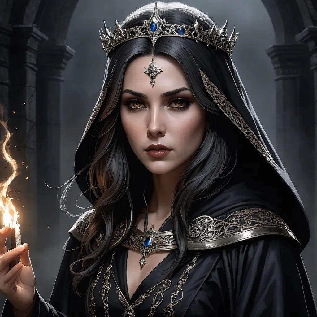 a woman dressed in a black outfit holding a lit matchstick in her hand and a crown on her head, gothic art, a detailed painting, Anne Stokes, epic fantasy character art