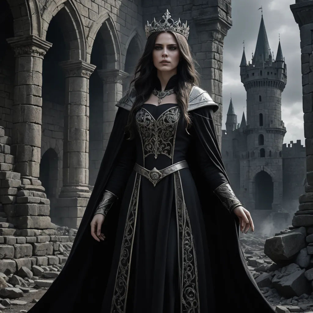 a woman in a black dress and a crown standing in front of a castle with a castle in the background, gothic art, poster art, Dirk Crabeth, promotional image