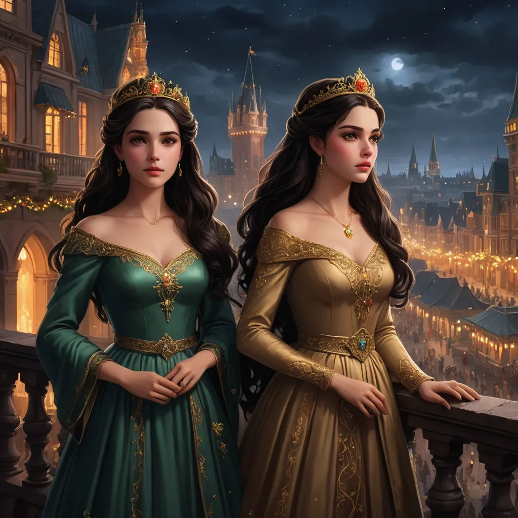 two women in dresses standing next to each other in front of a castle at night with lights on the buildings, fantasy art, a detailed painting, Brothers Hildebrandt, trending on art station