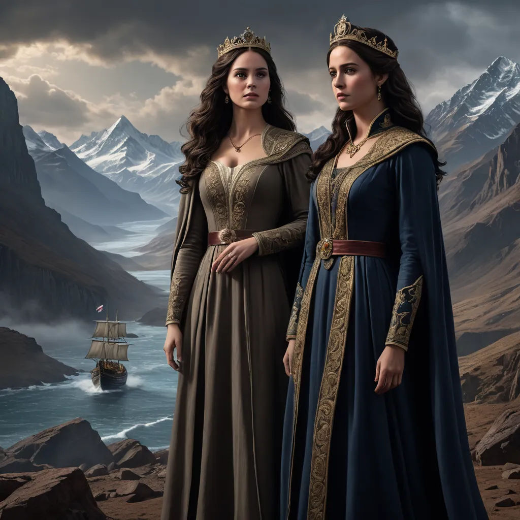 two women in medieval dress standing next to each other in front of a mountain range with a ship in the background, fantasy art, a detailed matte painting, Dirk Crabeth, promotional image