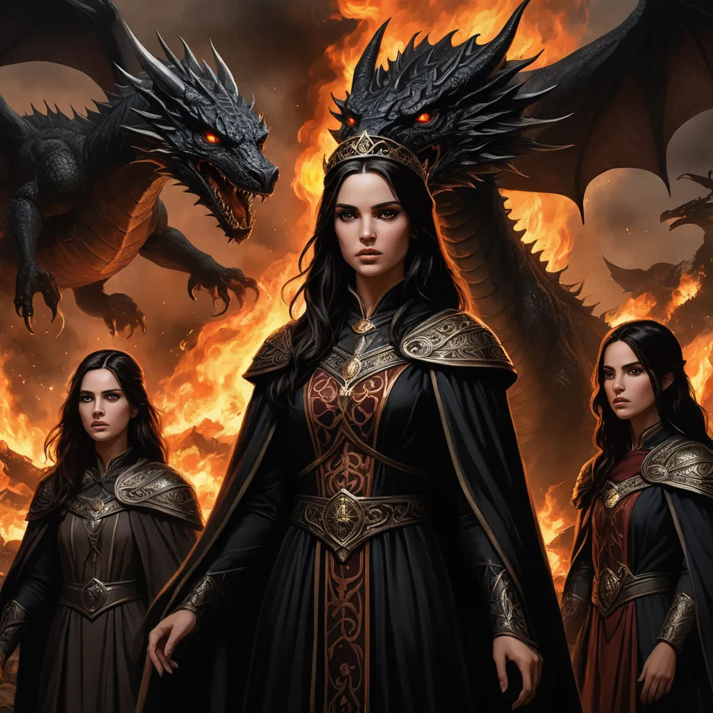 a group of women standing next to each other in front of a fire dragon and demon like creature with red eyes, fantasy art, concept art, Clint Cearley, epic fantasy character art